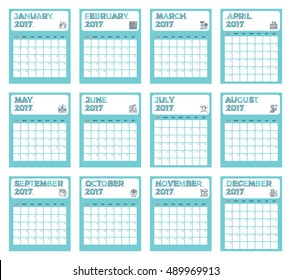 Vector illustration of simple calendar 2017 template in green mint theme with icon decoration, week starts from Sunday