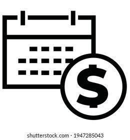 Vector illustration of simple calendar icon combined with dollar coins. black and white color, line drawing style. 2500 x 2500 pixel perfect.