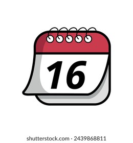 Vektor-Illustration des einfachen Kalendersymbols mit einem bestimmten Tag markiert, Datum markiert auf Tag 16. Kalender-Flachsymbol mit gefaltetem Blatteffekt.