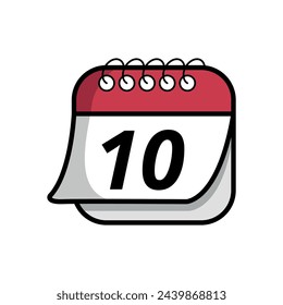 Ilustración vectorial de un simple icono de calendario con un día específico marcado, fecha marcada en el día 10. Icono plano de calendario con efecto de hoja plegada.