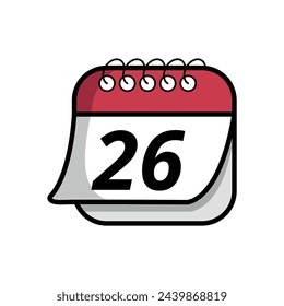 Ilustración vectorial de un simple icono de calendario con un día específico marcado, fecha marcada en el día 26. Icono plano de calendario con efecto de hoja plegada.