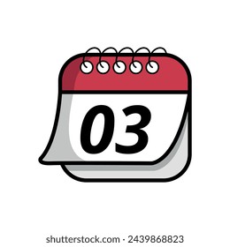 Vektor-Illustration des einfachen Kalendersymbols mit einem bestimmten Tag markiert, Datum markiert am Tag 03. Kalender-Flachsymbol mit gefaltetem Blatteffekt.
