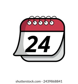 Vector illustration of simple calendar icon with specific day marked, date marked on day 24. Calendar flat icon with folded sheet effect.