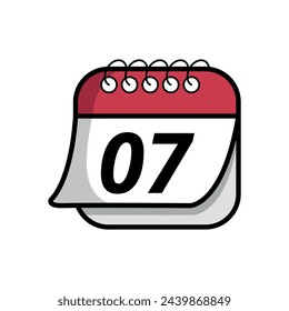 Vector illustration of simple calendar icon with specific day marked, date marked on day 07. Calendar flat icon with folded sheet effect.