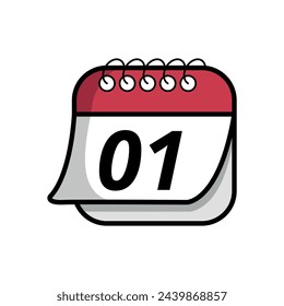 Vector illustration of simple calendar icon with specific day marked, date marked on day 01. Calendar flat icon with folded sheet effect.