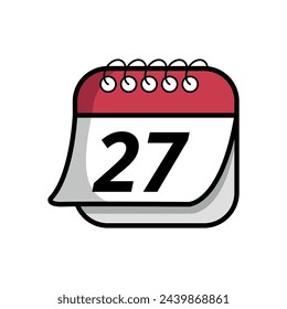 Ilustración vectorial de un simple icono de calendario con un día específico marcado, fecha marcada en el día 27. Icono plano de calendario con efecto de hoja plegada.