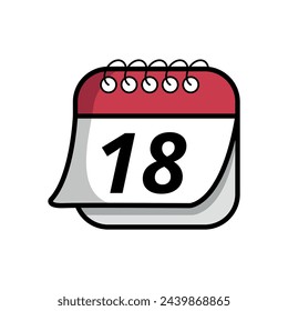 Ilustración vectorial de un simple icono de calendario con un día específico marcado, fecha marcada en el día 18. Icono plano de calendario con efecto de hoja plegada.