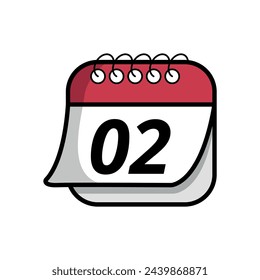 Vector illustration of simple calendar icon with specific day marked, date marked on day 02. Calendar flat icon with folded sheet effect.