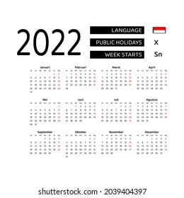 Vector illustration of simple calendar Indonesia 2022. The week starts on Monday.