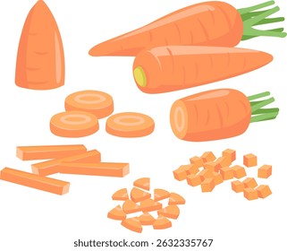 Ilustração vetorial de uma cenoura simples em cores claras e design plano. Material gráfico sobre fundo branco. A cenoura cortada pode ser usada como uma descrição do cozimento.