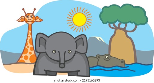 vector illustration of simple cartoon art of african elephant, giraffe and hippo