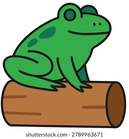 Vector illustration of a simple cartoon green frog perched on a wooden log isolated on white background