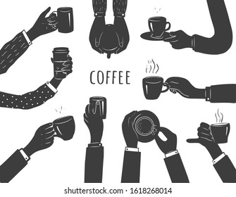 Vector illustration of simple cartoon hands with cups of coffee. Flat icons. Have break, enjoy free time, good morning concept. Vintage hand drawn style.