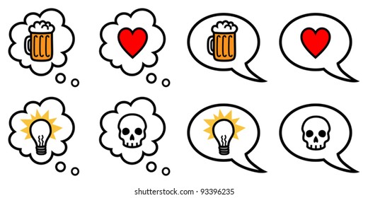 Vector illustration of simple cartoon speech and thought bubbles with different icons representing love, hate, idea, drinking