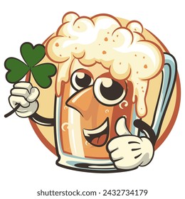 vector illustration of a simple cheerful glass of beer holding shamrock leaves in st patric's day celebration logo icon