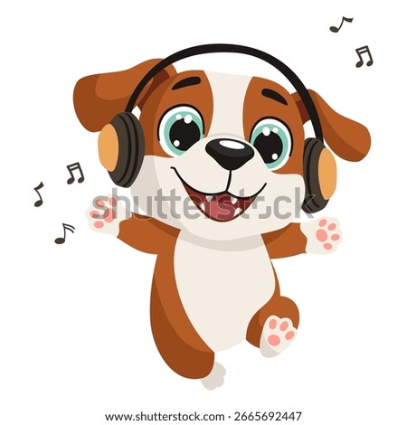 Vector illustration in a simple children's style. A cute puppy on a white background listens to music with headphones and dances.
