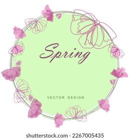  Vector illustration. Simple circular background, spring, nature design, flowers, pink, green colors. Packaging design, postcard or brochure cover design, invitations