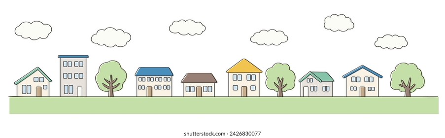 Vector illustration of a simple cityscape. House, tree, icon