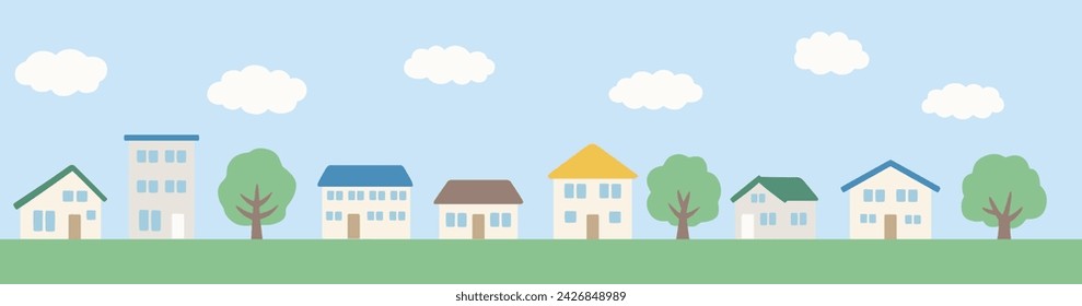 Vector illustration of a simple cityscape. House, tree, icon