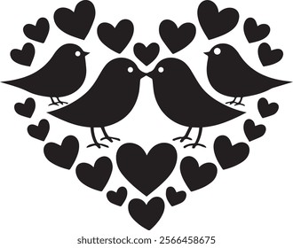 vector illustration of a simple and clean style black love birds silhouettes. The birds are in a heart shape, and they are isolated on a white background.