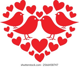 vector illustration of a simple and clean style black love birds silhouettes. The birds are in a heart shape, and they are isolated on a white background.