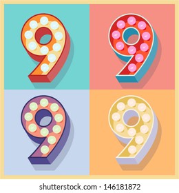 Vector illustration of simple and clear flat lamp alphabet. Number 9