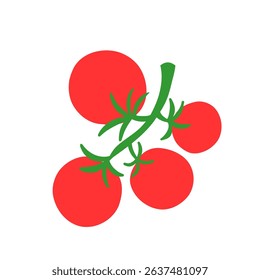 A vector illustration of simple illustration of a cluster of red tomatoes on a green vine. The design is clean and minimalistic, conveying a fresh and vibrant look