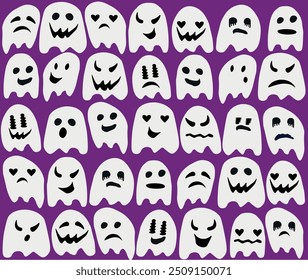 Vector illustration of a simple colored background of white ghosts with different emotions. ghost