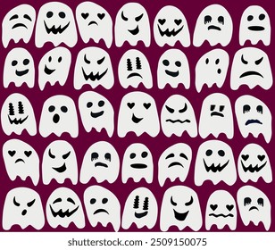 Vector illustration of a simple colored background of white ghosts with different emotions. ghost