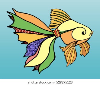Vector illustration, simple colorful fish, freehand sketch, gradient background, card concept.