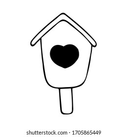 Vector illustration. Simple contour of birdhouse isolated on white background. Hand drawn doodle line art. Picture in a trendy minimalism style.