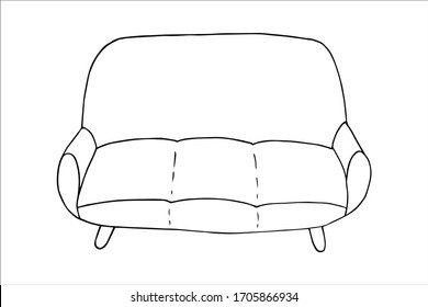  Vektorillustration. Einfache Kontur des Sofas einzeln auf weißem Hintergrund. Element des gemütlichen Hauses Thema. Handgezeichnete doodle Line Art. Bild in einem trendigen Minimalismus Stil.