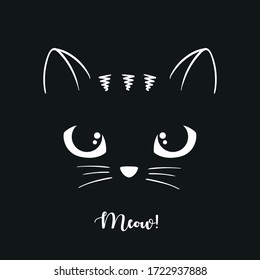 Vector illustration of simple cute cartoon cat icon isolated on a black background with curly handwritten lettering meow, white silhouette in the darkness, cat's muzzle with big eyes, ears, stripes