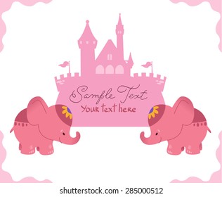 Vector illustration: simple cute elephants with a castle. Isolated on white background.