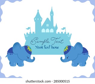Vector illustration: simple cute elephants with a castle. Isolated on white background.