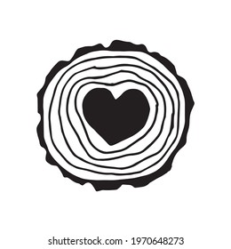 vector illustration, simple doodle line drawing. sawed off a tree heart inside. slice, slice of wood. symbol made of wood, eco, natural materials, made with love