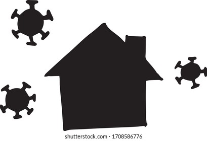 vector illustration. simple doodle style drawing. icon stay home. a house outside of which is viruses. covid-19 pandemic topic. silhouette isolated on white background