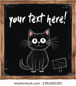 Vector illustration of a simple drawing of a cute cat on a black board with a white chalk.