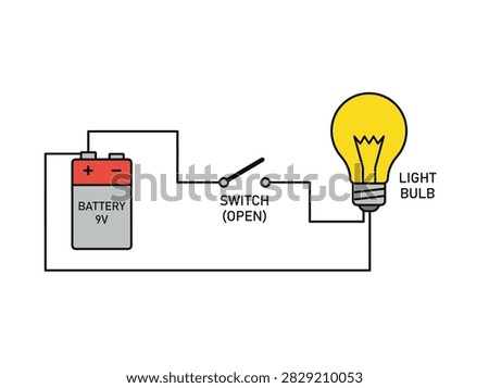 Vector Illustration of a Simple Electrical Circuit Diagram with a Glowing Light Bulb and Battery