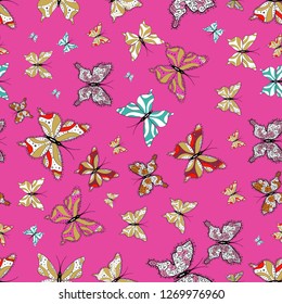 Vector illustration. Simple feminine pattern for invitation, card, print. Butterfly on pink, yellow and white background. Random pink, yellow and white butterflies cute pattern. Seamless.