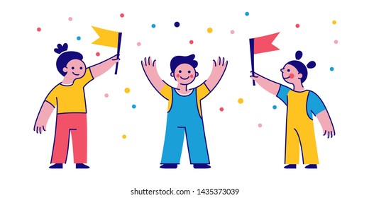 Vector illustration with simple flat characters - happy smiling kids playing together - children party invitation or greeting card design template 