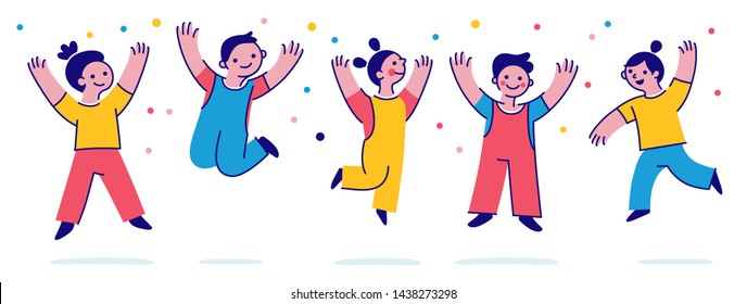 Vector illustration with simple flat characters - happy smiling kids playing together and jumping - children party invitation or greeting card design template 