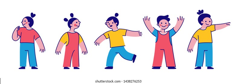 Vector illustration with simple flat characters - happy smiling kids playing together - children party invitation or greeting card design template 