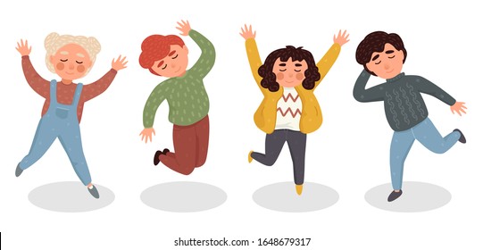 Vector illustration with simple flat characters - happy smiling kids playing together and jumping - children party invitation or greeting card design template