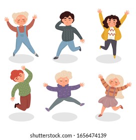 Vector illustration with simple flat characters - happy smiling kids playing together and jumping - children party invitation or greeting card design template