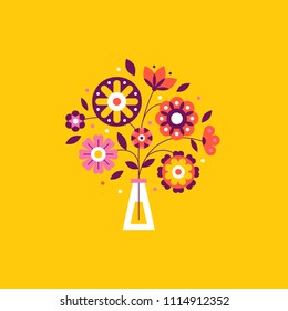 Vector illustration in simple flat geometric and linear style in bright colors - decorative flowers and leaves - design element for wedding invitations, covers, banners, packaging 