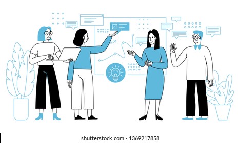 Vector illustration in simple flat linear style with smiling cartoon characters - teamwork and cooperation concept - men and women standing - business meeting and conference 