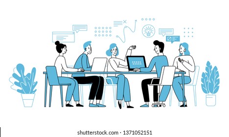 Vector illustration in simple flat linear style with smiling cartoon characters - teamwork and cooperation concept - men and women sitting at the desk with laptop - meeting and conference 