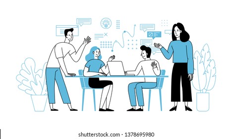 Vector illustration in simple flat linear style with smiling cartoon characters - teamwork and cooperation concept - men and women sitting at the desk with laptop - meeting and conference 