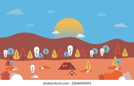 Vector illustration in simple flat linear style - camping in autumn forest. Perfect for design in the fall.
